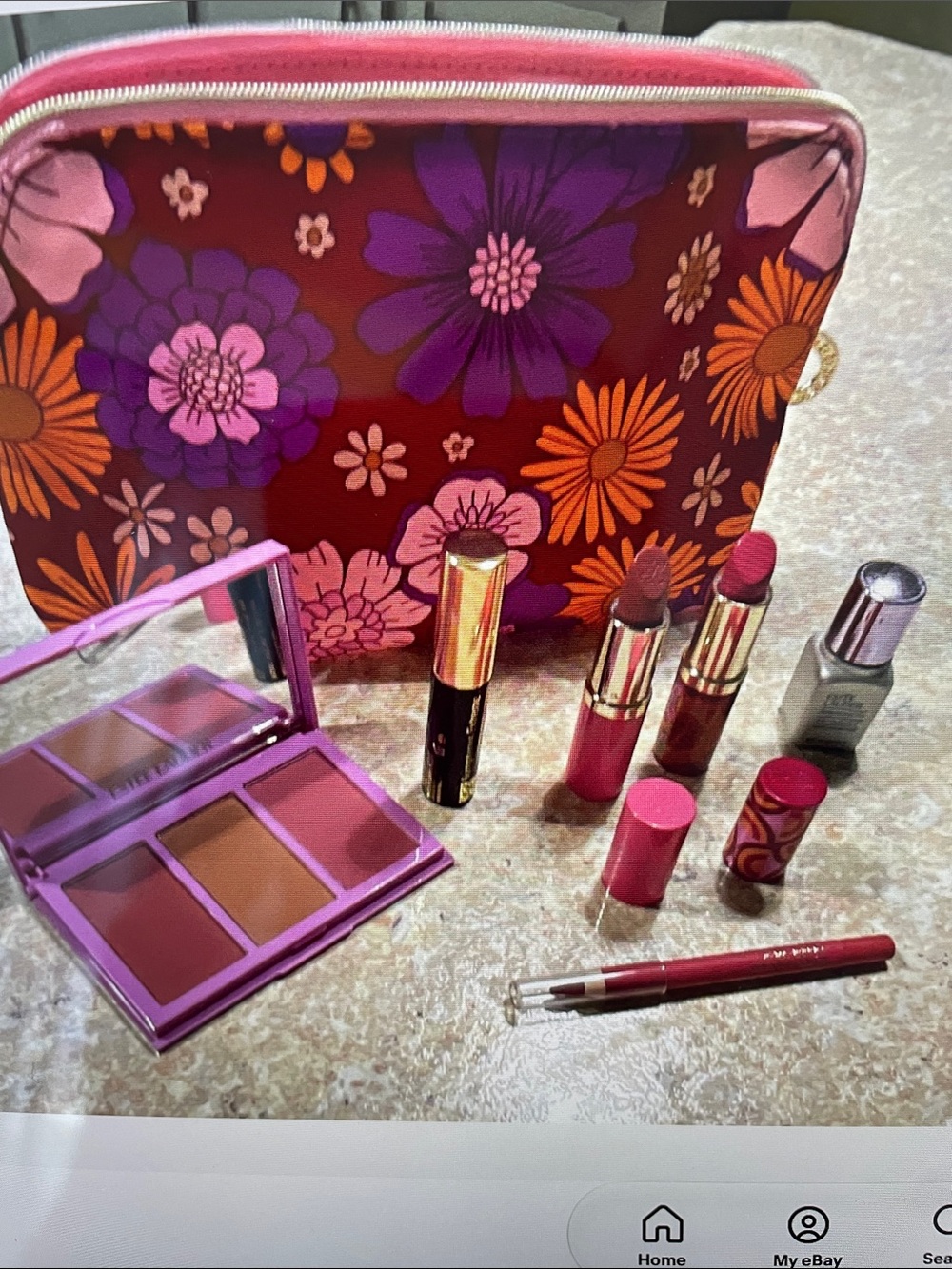 Estee Lauder Floral Pink Makeup Bag with Pink Lipsticks and Palette